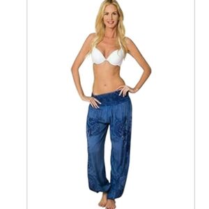 Smocked Boho Harem Pants, Hippie Gypsy Print‎ Yoga Sz M Blue
